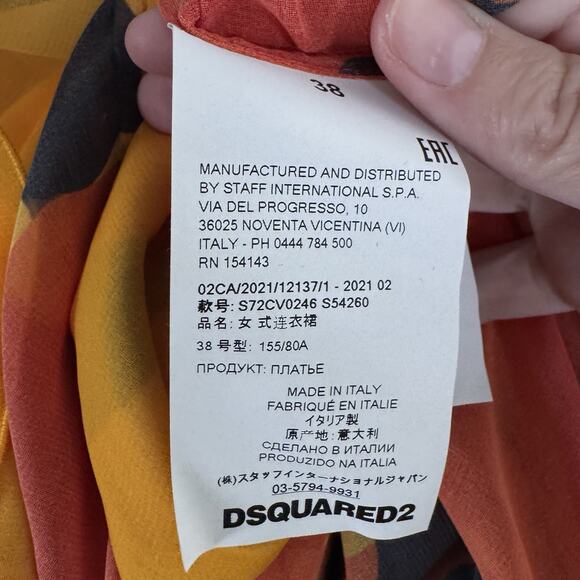 Dsquared2 Camouflage Print Bow Neck Sheer Dress Red Orange Size 38 US 2 - Picture 11 of 12